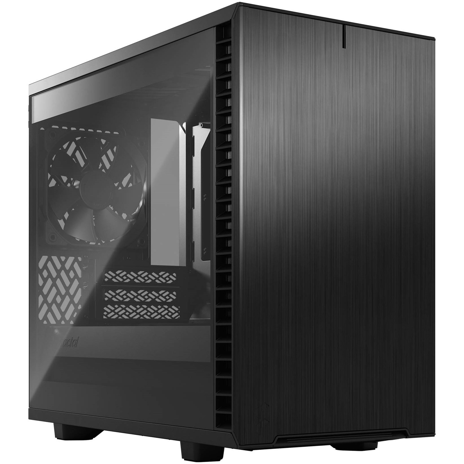 Compact black PC case with a brushed aluminum finish, tempered glass side panel, and ventilation slots, featuring a sleek design for optimal airflow and aesthetics.