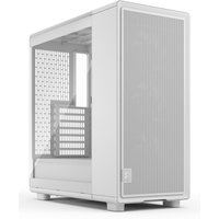 White Fractal Design computer case with clear tinted glass panel, mesh front, and sleek modern design.