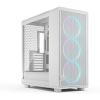 White Fractal Design Epoch XL Tower with mesh front panel, three RGB fans, and tempered glass side panel.
