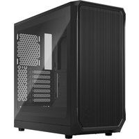 Black Fractal Design Focus 2 computer case with mesh front panel and tempered glass side window.