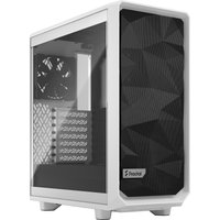 White Fractal Design Meshify 2 Compact Tower with angular mesh front panel and tempered glass side panel.