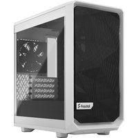 White Fractal Design Meshify 2 Mini PC case with mesh front panel, tempered glass side, and angular design.