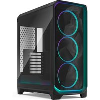 Black Fractal Design gaming case with RGB fans, mesh front panel, and tinted tempered glass side.