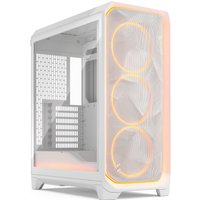 White Fractal Design gaming case with RGB lighting, mesh front, and clear tinted tempered glass side panel.