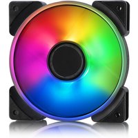 Black and white Fractal Design Prisma AL-12 PWM fan with vibrant RGB lighting in a square frame.
