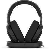 Black Fractal Design Scape Dark wireless gaming headset with cushioned ear cups on a sleek charging stand.