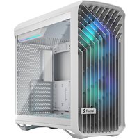 White Fractal Design Torrent PC case with angular front grille, RGB lighting, and tempered glass side panel.