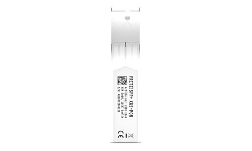 White fiber optic transceiver module with a sleek design, featuring a label with "FRITZ! SFP XGS-PON" and technical details, suitable for high-speed network connections.
