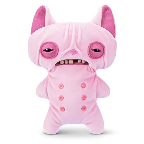 Pink soft toy with a wrinkled face, large eyes, and an open mouth showing teeth, featuring cat ears and a buttoned front, made from plush material.