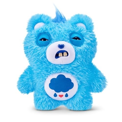 Fluffy blue Grumpy Bear soft toy with a tuft of blue hair, wide eyes, a toothy grin, and a cloud with raindrops on its belly, made from soft plush material.