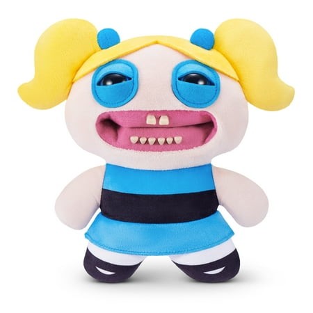 Blue plush toy resembling a funny, ugly monster with large eyes, a wide mouth showing teeth, and yellow pigtails, wearing a blue dress with black stripes and white socks.
