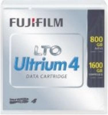 Fujifilm LTO Ultrium 4 data cartridge in a clear plastic case, labeled with "800 GB" and "1600 GB" capacity, featuring a silver and blue design.