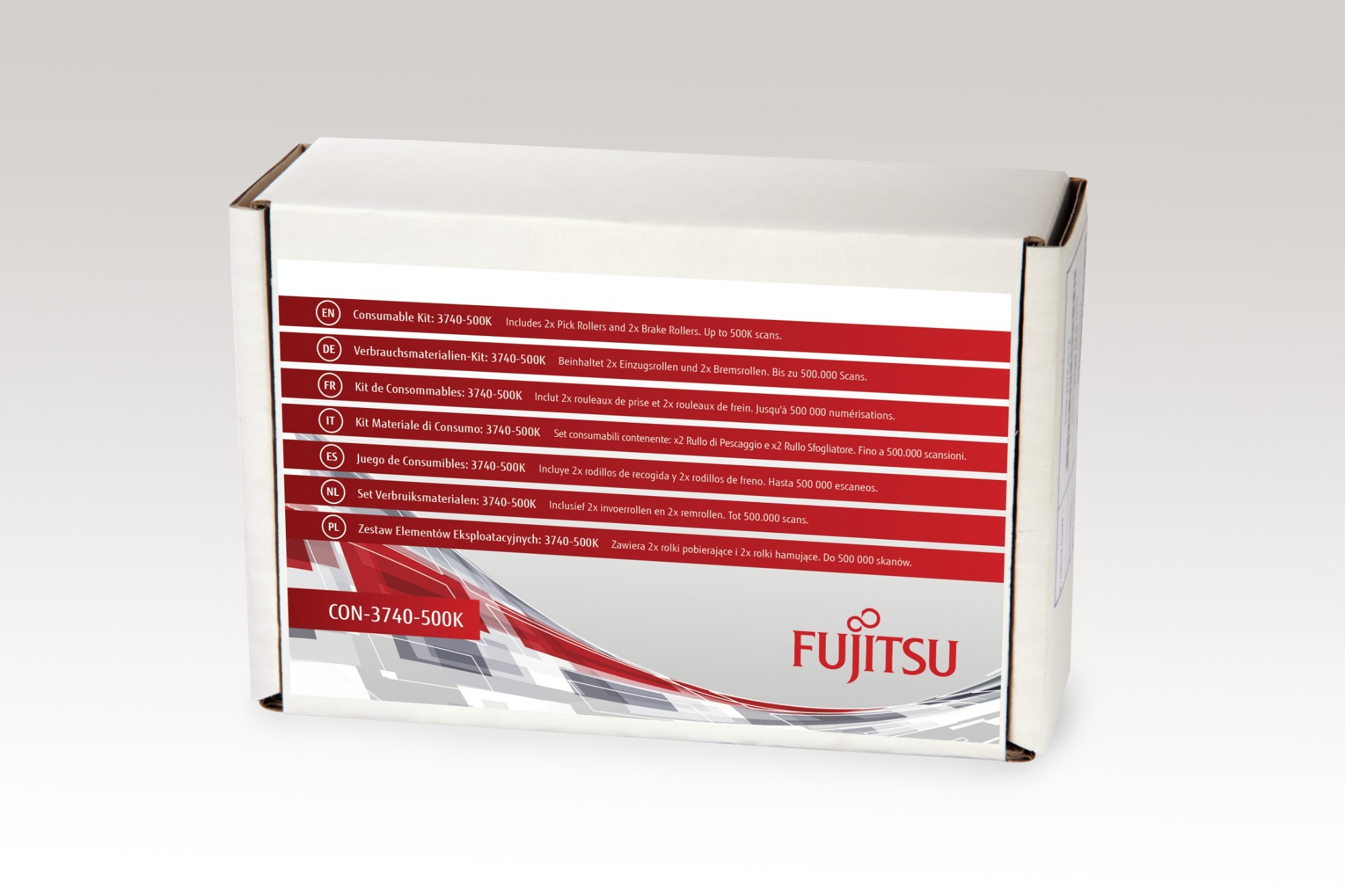 White box with red and gray accents, labeled "Fujitsu 3740-500K Consumable Kit," featuring detailed specifications and contents listed on the side.
