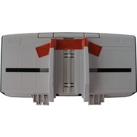 Gray Fujitsu printer/scanner tray with red accents and black lines, featuring multiple slots and a rectangular shape.
