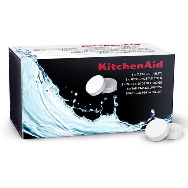 White box featuring KitchenAid branding, with a splash of water graphic, containing eight round cleaning tablets for espresso machines.
