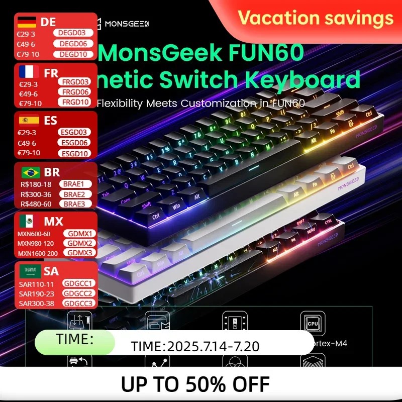 MonsGeek FUN60 TMR/HE Magnetic Keyboard features a sleek black design with customizable RGB backlighting, mechanical keys, and a compact layout, showcasing various language options and sale details.