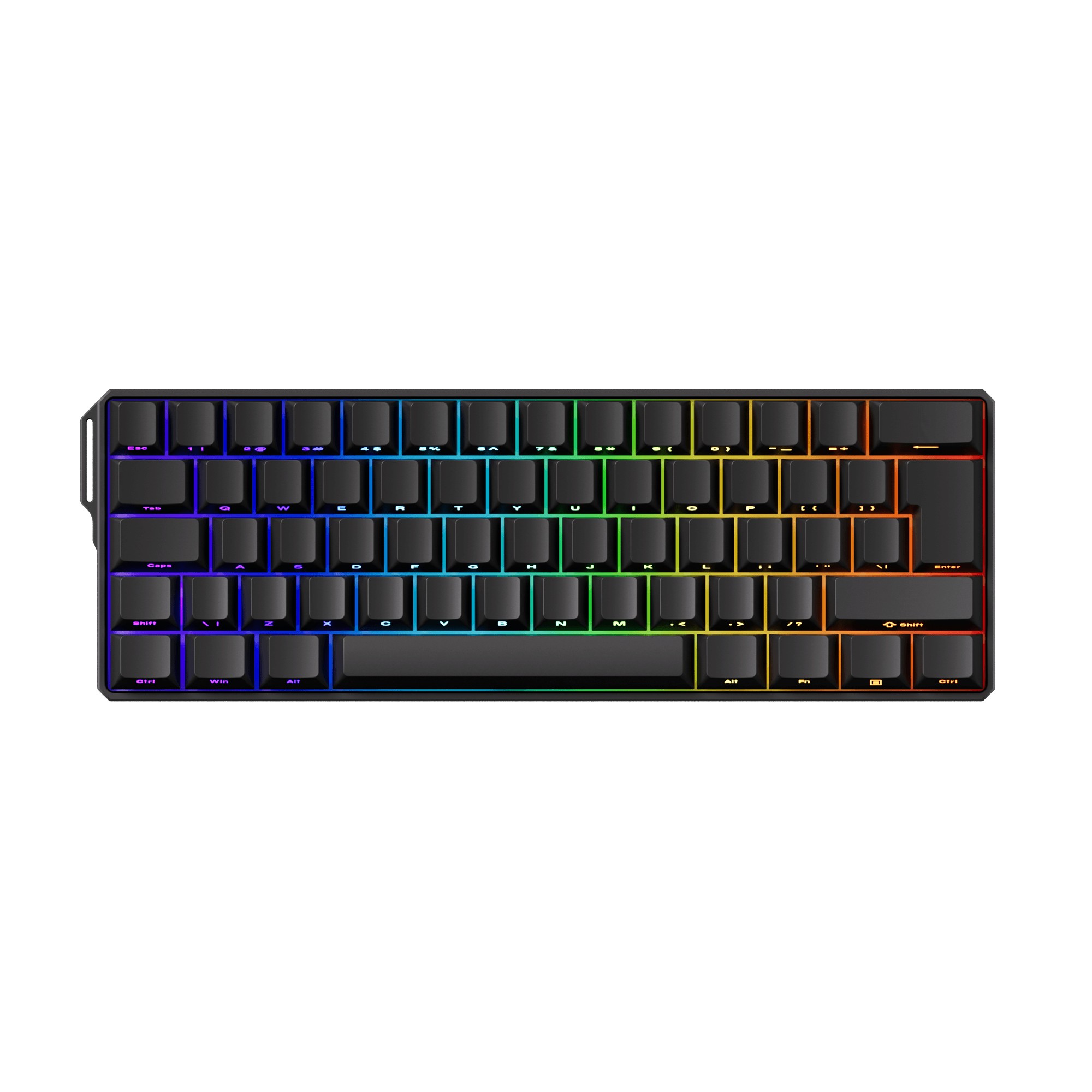 Black mechanical keyboard with a compact layout, featuring RGB backlit keys in a rainbow gradient and a sleek, matte finish.
