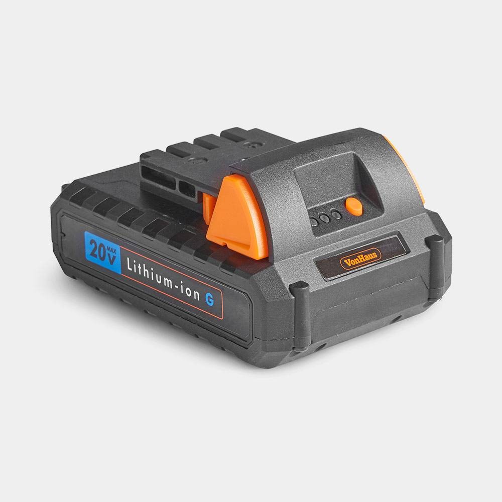 Black and orange G-Series Li-Ion 4Ah spare battery by VonHaus, featuring a textured surface, a prominent orange handle, and a blue label indicating 20V lithium-ion compatibility.