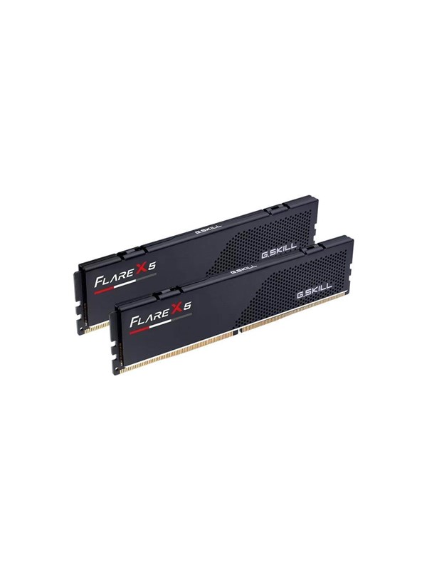 Two G.Skill Flare X5 memory modules, each 16 GB, featuring a sleek black design with red accents and a perforated heat spreader, labeled with "G.SKILL" and "FLARE X5."