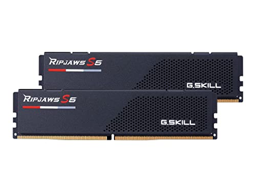 G.Skill Ripjaws S5 memory module in dark blue with a sleek design, featuring perforated sections and gold connectors, includes two 16GB sticks for a total of 32GB.