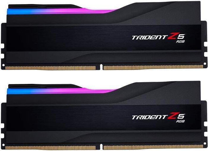G.Skill Trident Z5 RGB memory modules in black with colorful RGB lighting, featuring a sleek design and gold contacts, labeled with "TRIDENT Z5 RGB" and a capacity of 32 GB (2 x 16 GB).