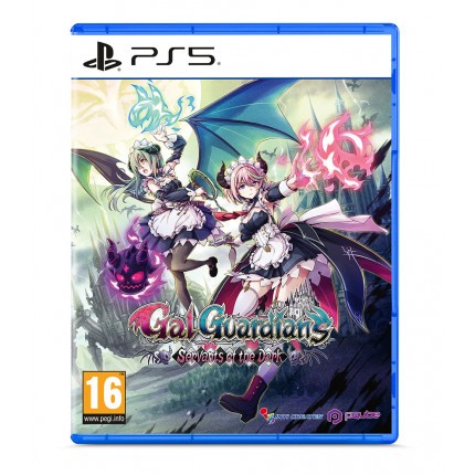 "Gal Guardians: Servants of the Dark for PS5 features vibrant artwork with two characters in gothic outfits, dark wings, and a shadowy creature, set against a mystical background."