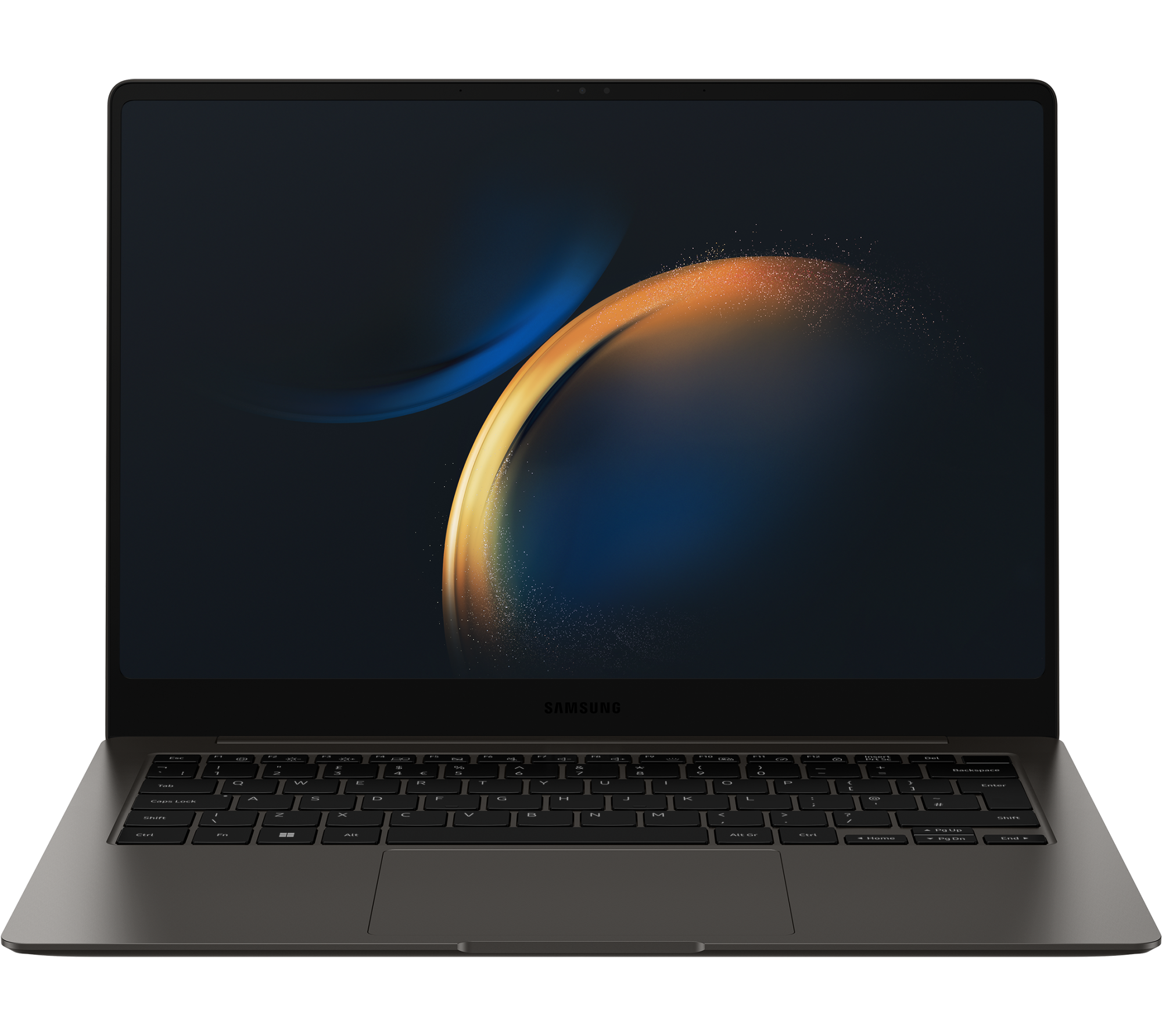 Samsung Galaxy Book3 Pro laptop in dark gray with a sleek design, featuring a 14-inch display and illuminated keyboard, showcasing a vibrant abstract wallpaper on the screen.