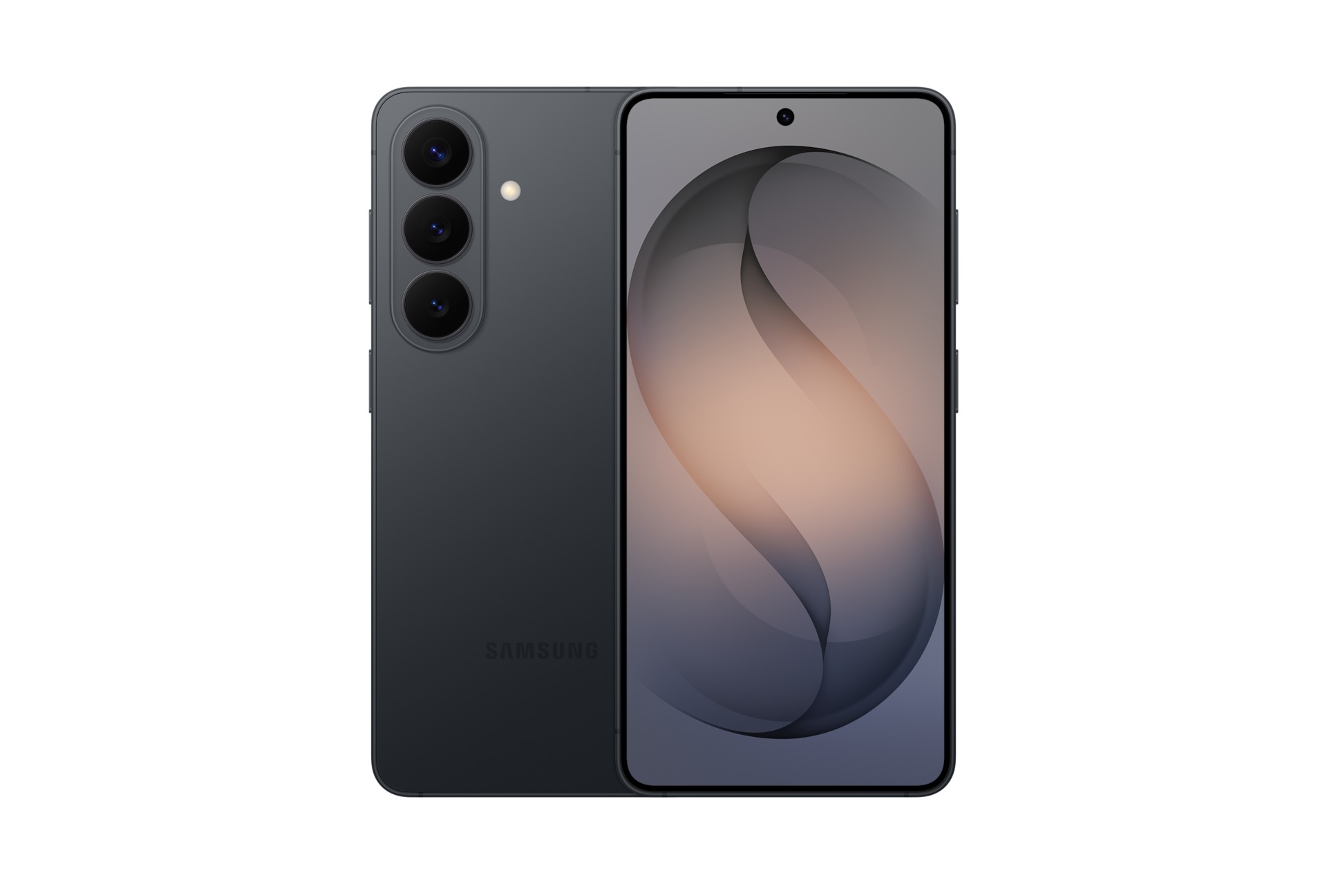 Samsung Galaxy S26 in black, featuring a sleek glass back, three rear cameras, and a large edge-to-edge display with a central front camera cutout.