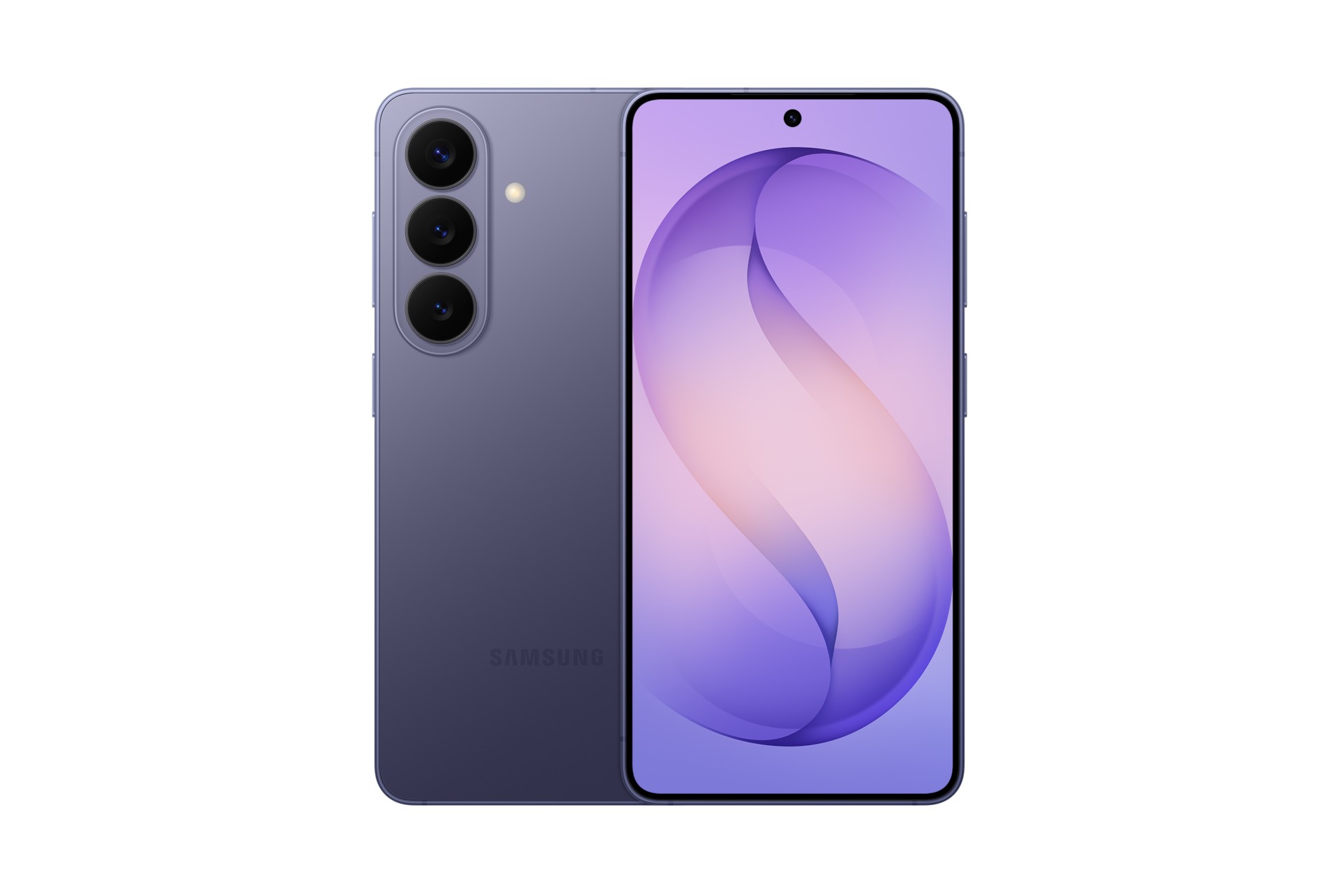 Samsung Galaxy S26 in violet cobalt, featuring a sleek design with three rear cameras, a large display with a central hole-punch front camera, and a smooth finish.