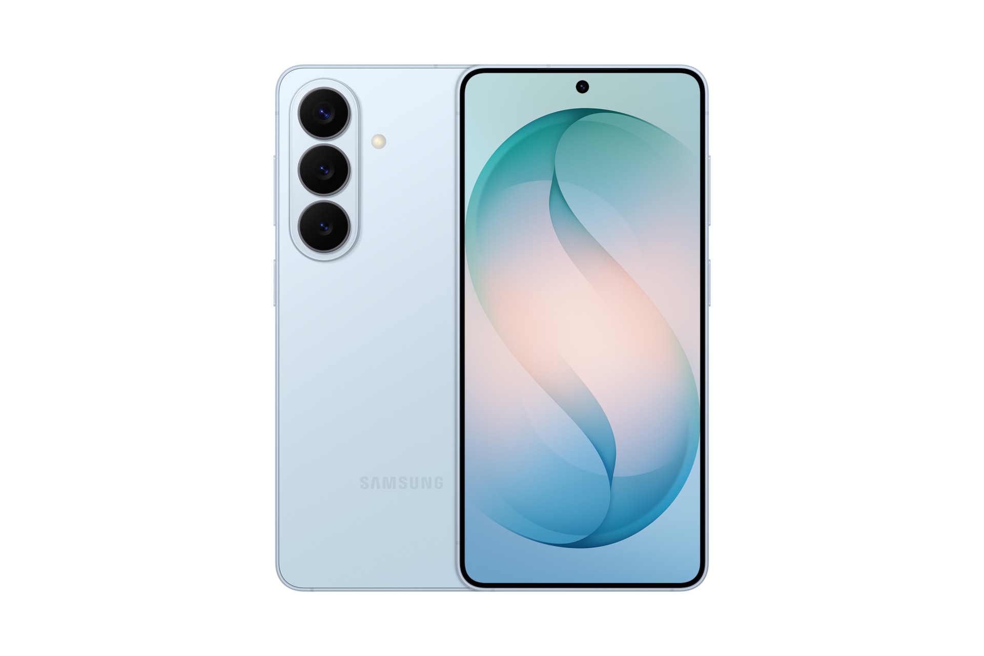 Samsung Galaxy S26 in sky blue, featuring a sleek glass back, three rear cameras, and a vibrant, curved display with a central front camera cutout.