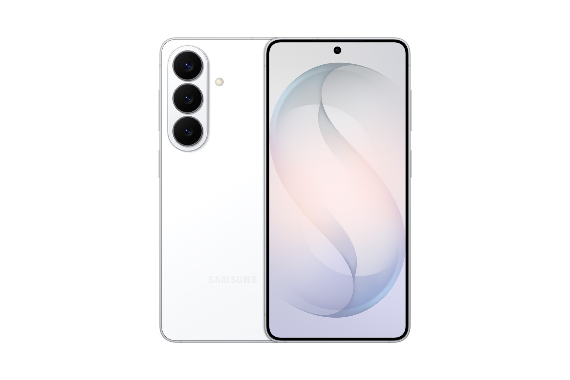 Samsung Galaxy S26 in white, featuring a sleek design, three rear cameras, and a vibrant display with a central front camera cutout.