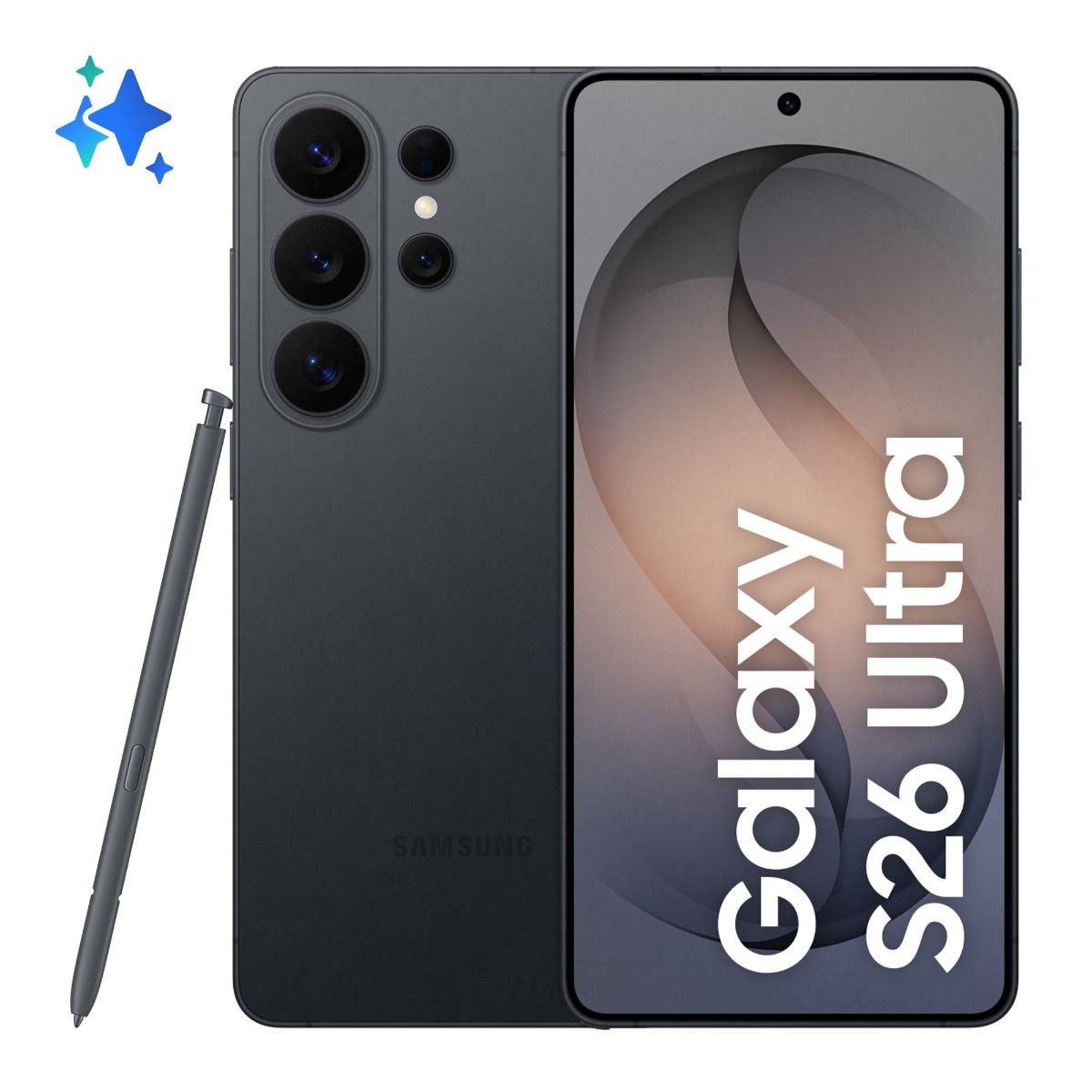 Samsung Galaxy S26 Ultra in black, featuring a sleek design, large display, three rear cameras, and an S Pen, with "Galaxy S26 Ultra" prominently displayed on the screen.