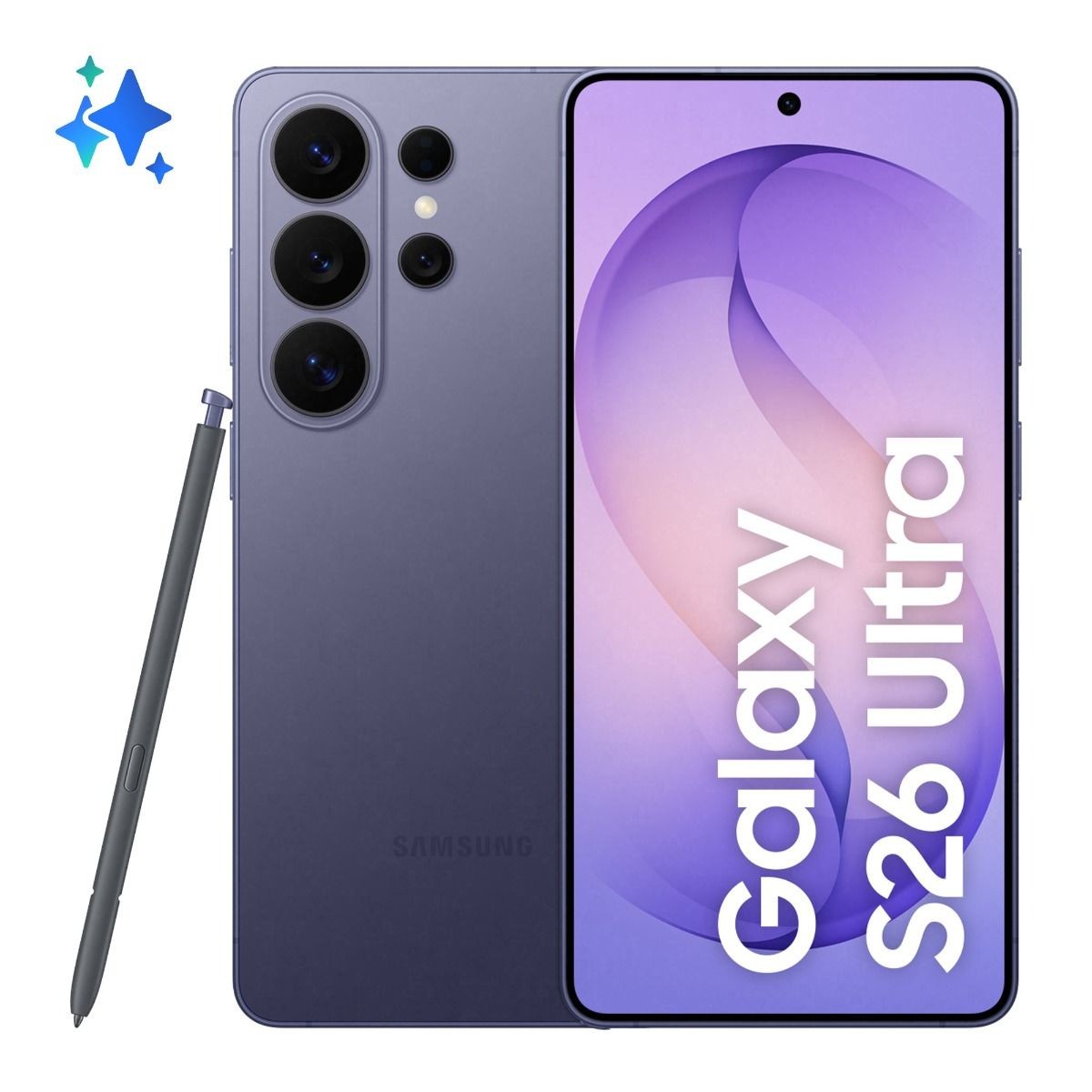Samsung Galaxy S26 Ultra in violet, featuring a sleek design, large display with minimal bezels, four rear cameras, and an S Pen stylus.