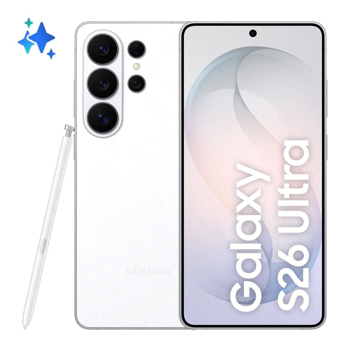 Samsung Galaxy S26 Ultra 5G in white, featuring a sleek design, large display, four rear cameras, and a stylus, with "Galaxy S26 Ultra" prominently displayed on the screen.