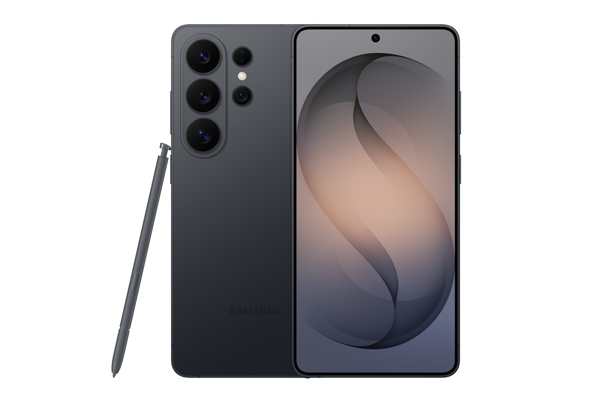 Samsung Galaxy S26 Ultra in black, featuring a sleek glass back, large display with a centered front camera, and three rear cameras, alongside an S Pen stylus.