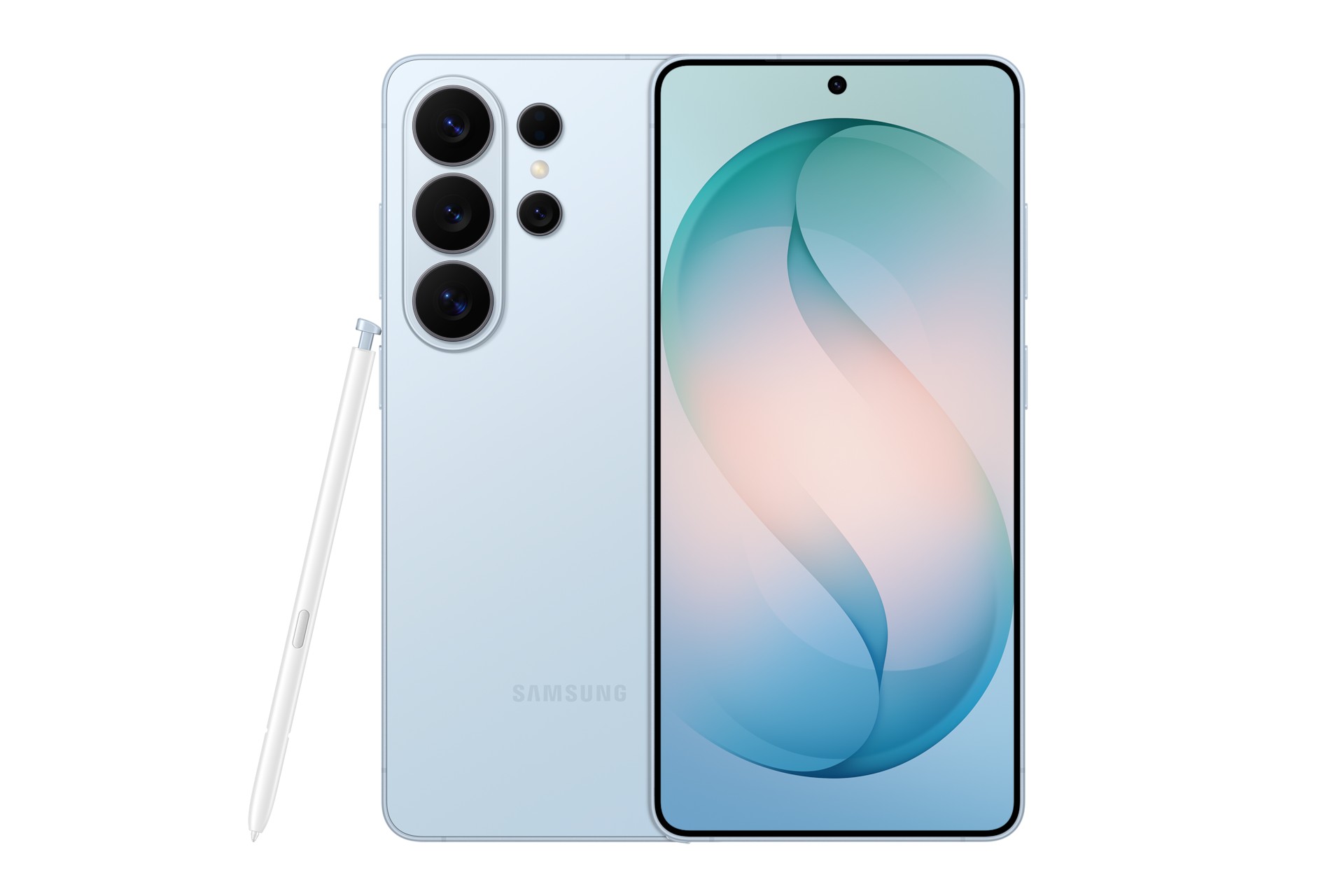 Samsung Galaxy S26 Ultra in sky blue, featuring a sleek glass back, three rear cameras, a large display with a centered front camera, and an accompanying S Pen.