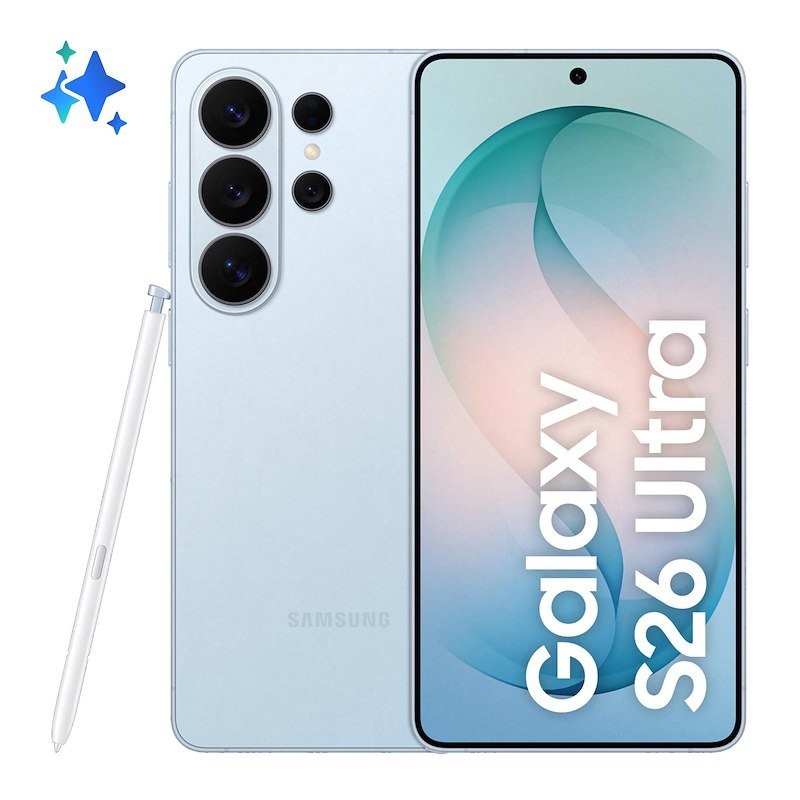 Samsung Galaxy S26 Ultra in sky blue, featuring a sleek design, large display, four rear cameras, and an S Pen, with "Galaxy S26 Ultra" prominently displayed on the screen.