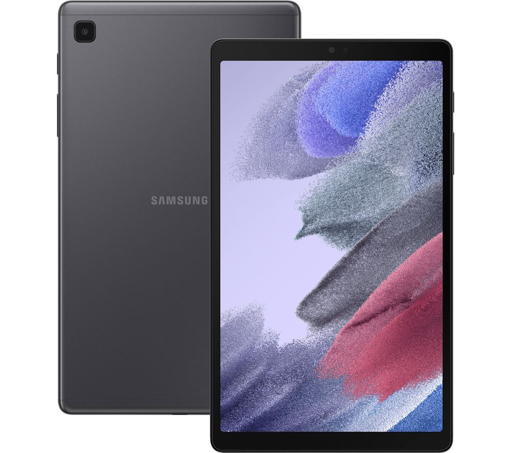 Samsung Galaxy Tab A7 Lite in grey, featuring an 8.7-inch display, sleek design, and LTE connectivity, with a textured back and minimal bezels.