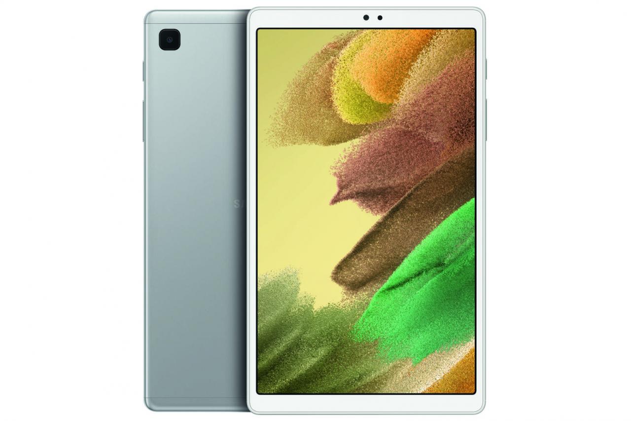 Silver Samsung Galaxy Tab A7 Lite with an 8.7-inch display, featuring a vibrant abstract wallpaper, smooth edges, and a sleek design.
