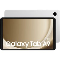 Samsung Galaxy Tab A9, 8.7" silver tablet, LTE, 64 GB, black front bezel, rear camera on white back.