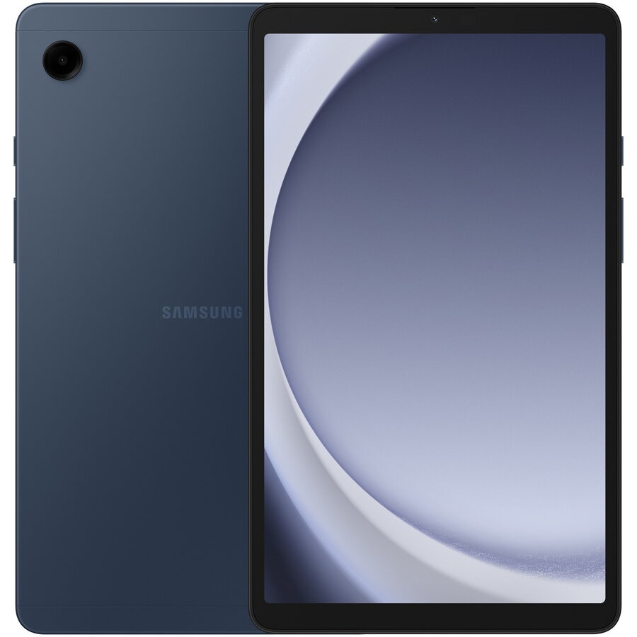 Samsung Galaxy Tab A9 in navy blue, featuring an 8.7-inch display, sleek design, and 128GB storage, with a rear camera visible on the back.