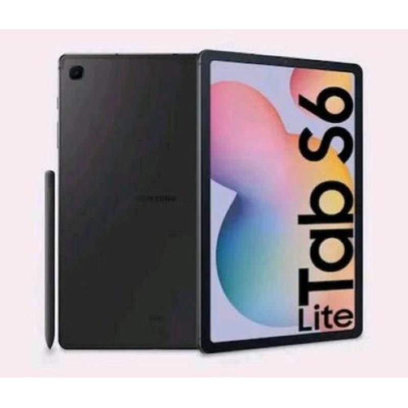 Samsung Galaxy Tab S6 Lite in grey, featuring a sleek design, 10.4-inch display, and included stylus, showcasing vibrant colors on the screen.