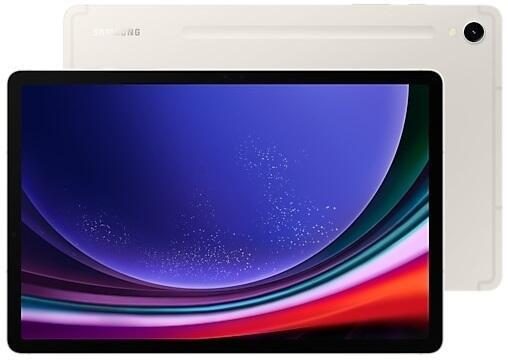 Beige Samsung Galaxy Tab S9 with an 11-inch display, featuring a vibrant screen and sleek design, showcasing its 5G capability and 128GB storage.