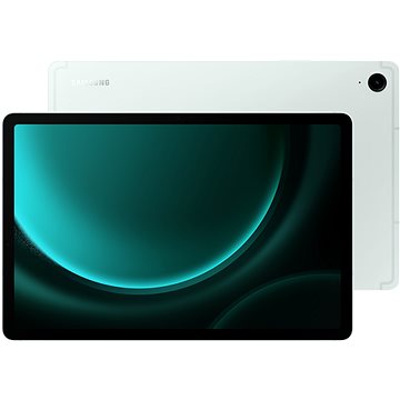 Samsung Galaxy Tab S9 FE in mint color, featuring a sleek design with a 10.9-inch display, and a smooth glass front, showcasing vibrant visuals and a minimalist aesthetic.