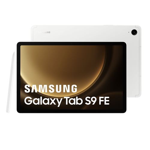 Samsung Galaxy Tab S9 FE in silver, featuring a 10.9-inch display, sleek design, and includes an S Pen for enhanced functionality.