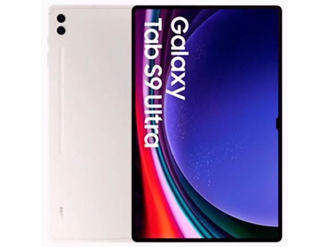 Beige Samsung Galaxy Tab S9 Ultra tablet with a 14.6-inch display, featuring a sleek design and the model name prominently displayed on the screen.