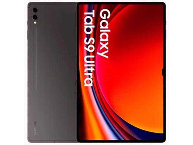 Samsung Galaxy Tab S9 Ultra in graphite grey, featuring a sleek design, large vibrant display, and prominent "Galaxy Tab S9 Ultra" branding on the screen.