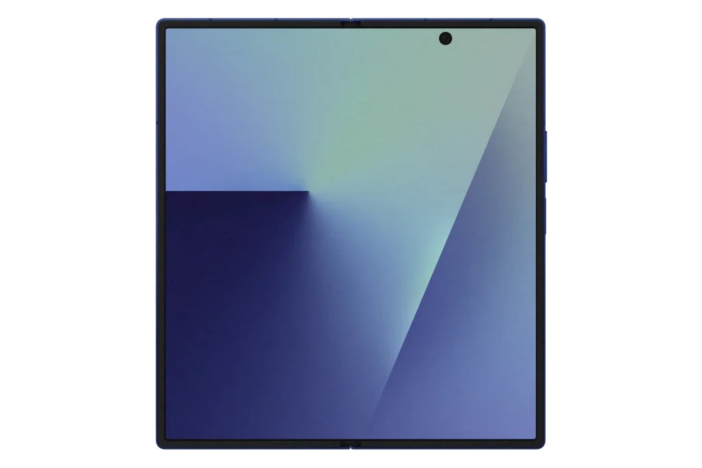 Samsung Galaxy Z Fold 7 in Blue Shadow, featuring a sleek foldable design, large display with a gradient finish, and a minimalistic aesthetic.