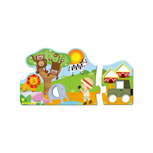 Colorful wooden puzzle featuring safari animals like a lion, elephant, and zebra, with a child exploring, set against a vibrant jungle backdrop and a toy vehicle.