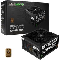 Black GAMEMAX RPG Rampage 600W PSU with large 140mm fan, 80 PLUS Bronze logo, and bold white branding on box.
